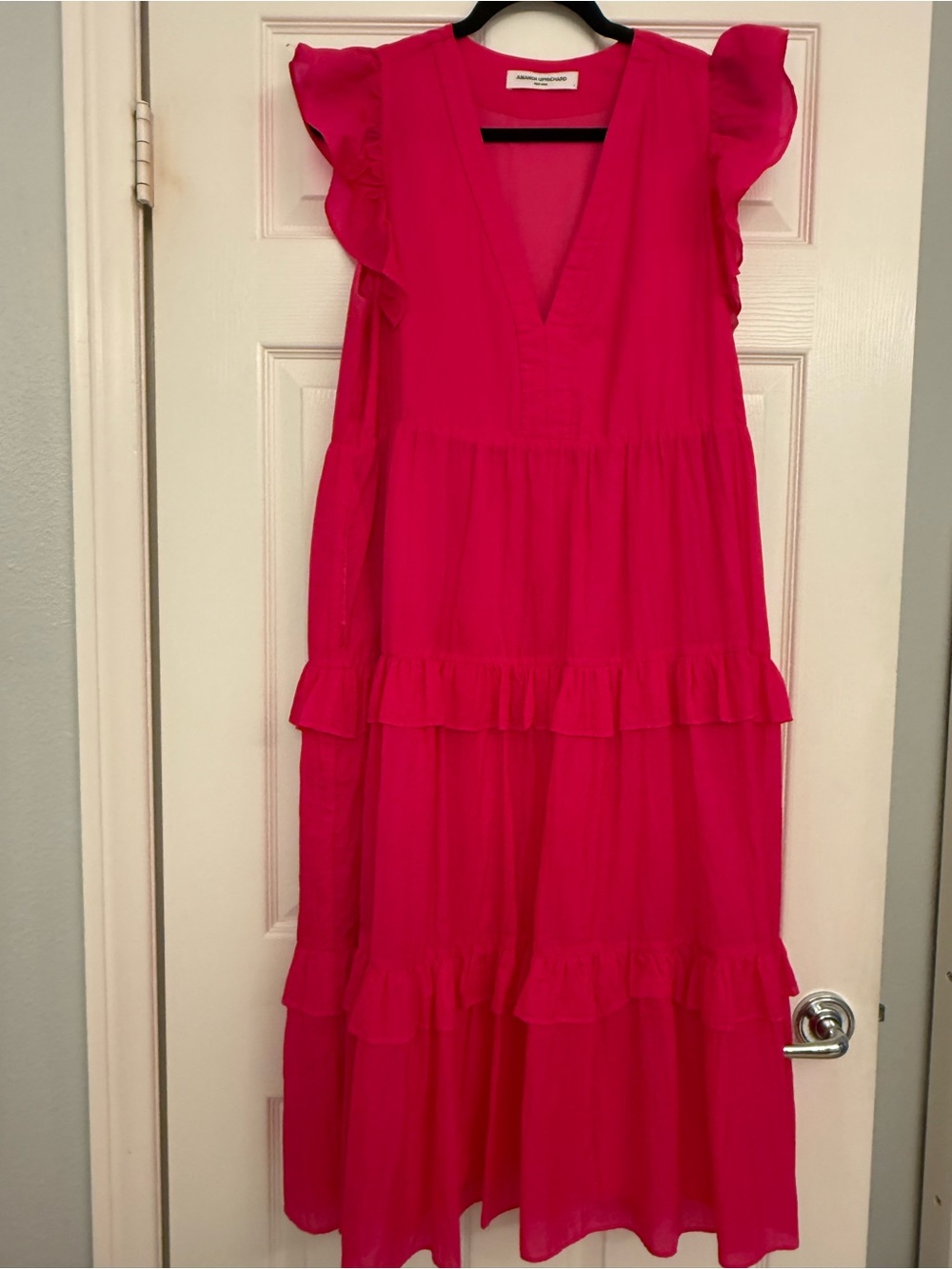 Amanda Uprichard Hot Pink Ruffle Tiered Maxi Dress